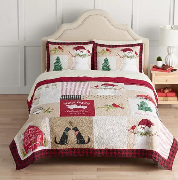 Christmas Red Barn Farmhouse Patchwork Holidays Full/Queen Quilt &amp; Shams (3 Piece Bedding Set)