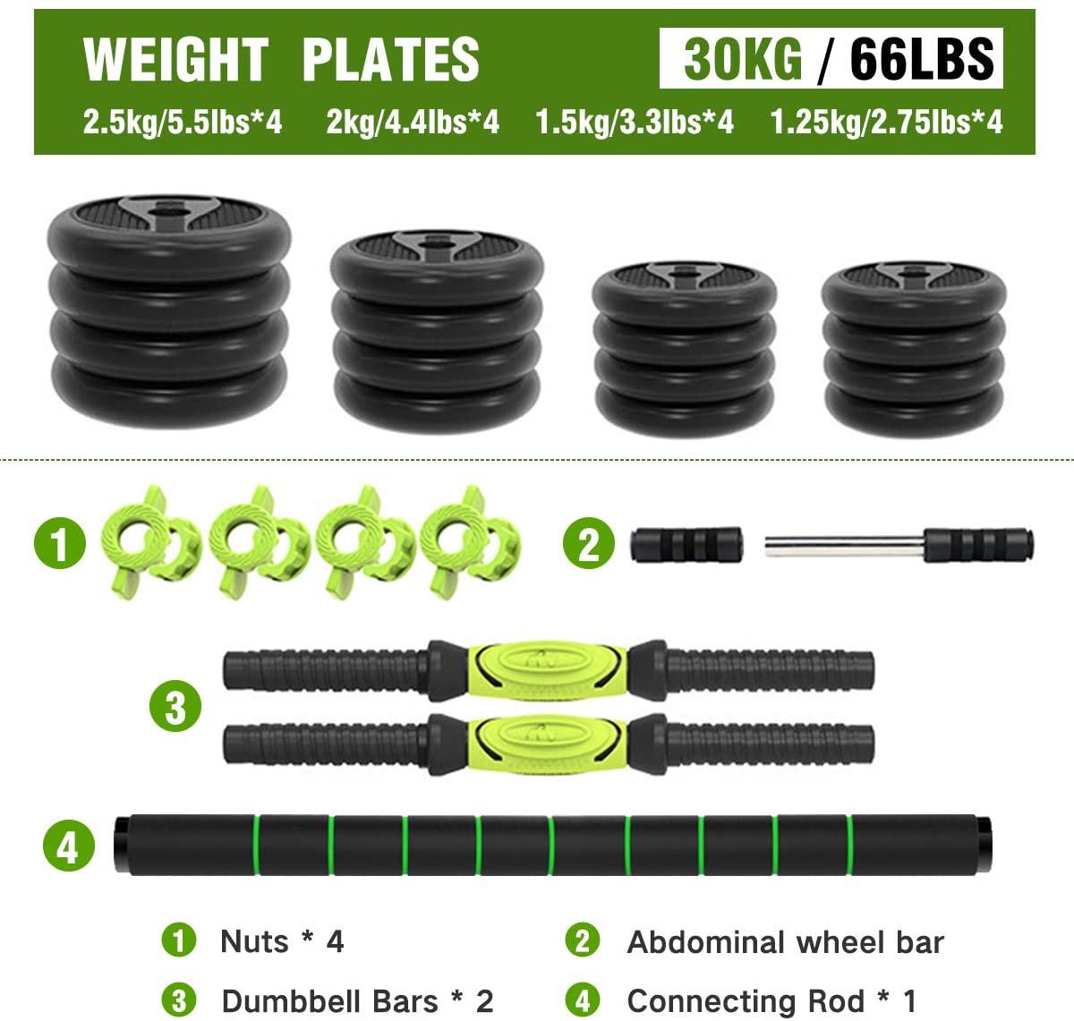 Erkang 3 in 1 Fitness Dumbbells, Adjustable Dumbbell Set with Connecting Rod Barbell for Home Gym, 66 LBS