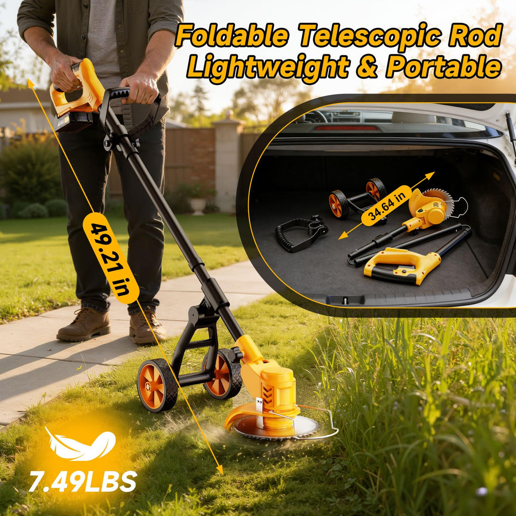 Electric Weed Wacker Cordless with Wheels,Electric Weed Eater Battery Powered,4 in 1 Grass Trimmer/Brush Cutter/Grass Edger/Small Lawn Mower,No String Trimmer with Metal Blade,2 Battery (Yellow)