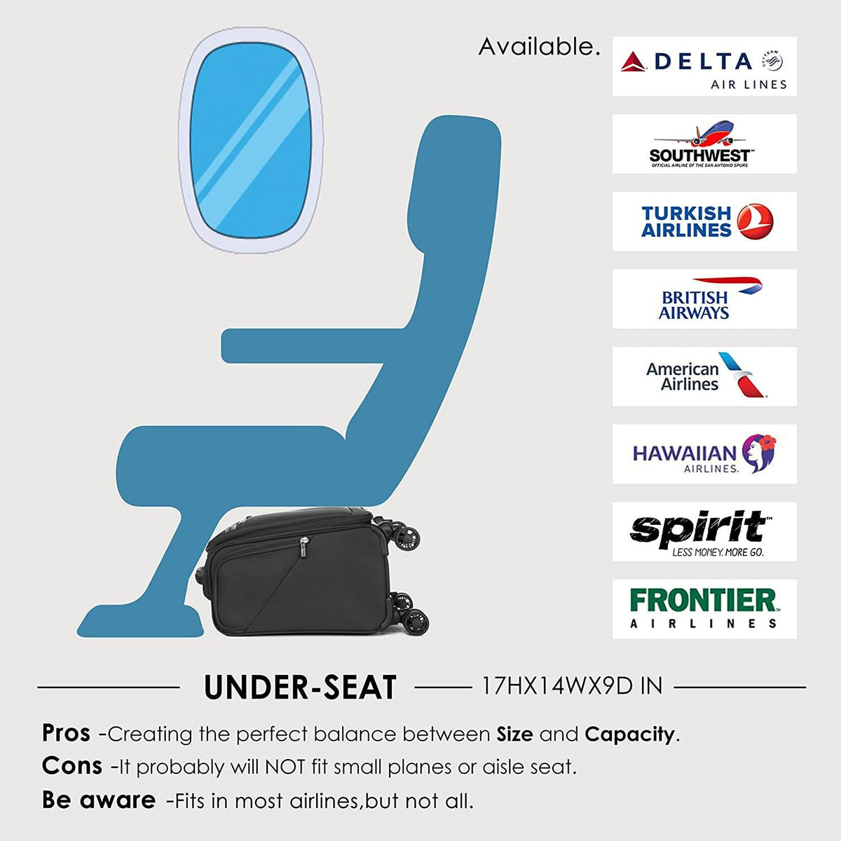 Carry On Underseat Luggage with Wheels &amp; USB Port, Wheeled Spinner Bag Carry-on Luggages for Airlines, Lightweight Suitcase Men Women, Pilots and Crew (14-Inch Plus)