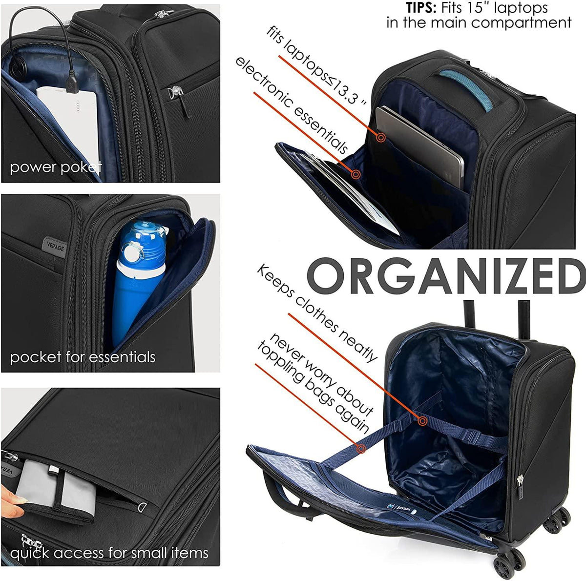 Carry On Underseat Luggage with Wheels &amp; USB Port, Wheeled Spinner Bag Carry-on Luggages for Airlines, Lightweight Suitcase Men Women, Pilots and Crew (14-Inch Plus)