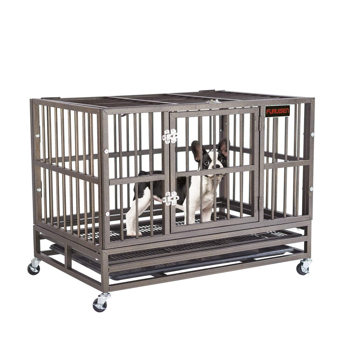 Heavy Duty Dog Crate, Strong Metal Military Pet Kennel Playpen LarDogs Cawith Lockable Wheels &amp; Two Prevent Escape Lock