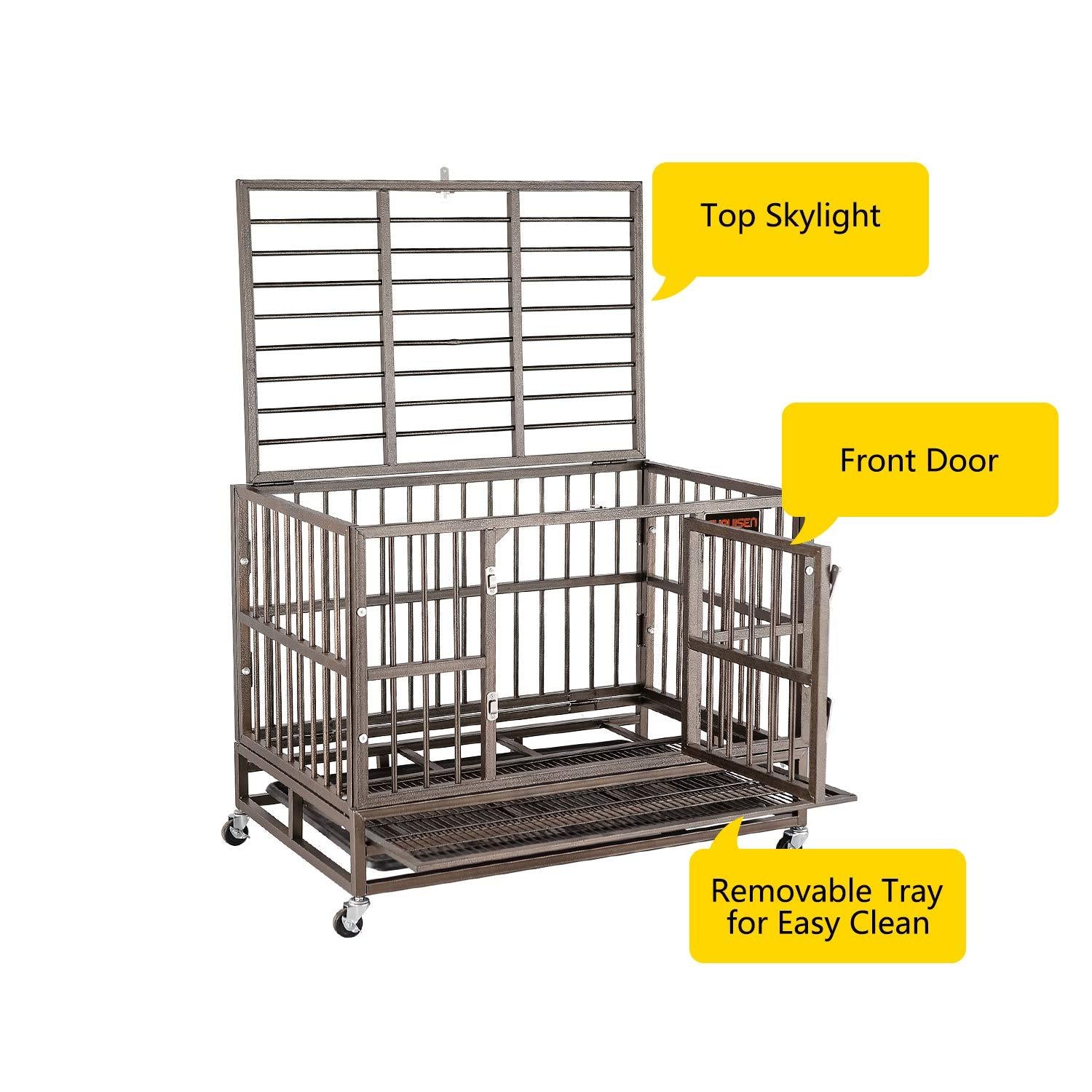 Heavy Duty Dog Crate, Strong Metal Military Pet Kennel Playpen LarDogs Cawith Lockable Wheels &amp; Two Prevent Escape Lock