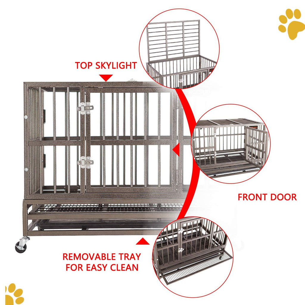 Heavy Duty Dog Crate, Strong Metal Military Pet Kennel Playpen LarDogs Cawith Lockable Wheels &amp; Two Prevent Escape Lock