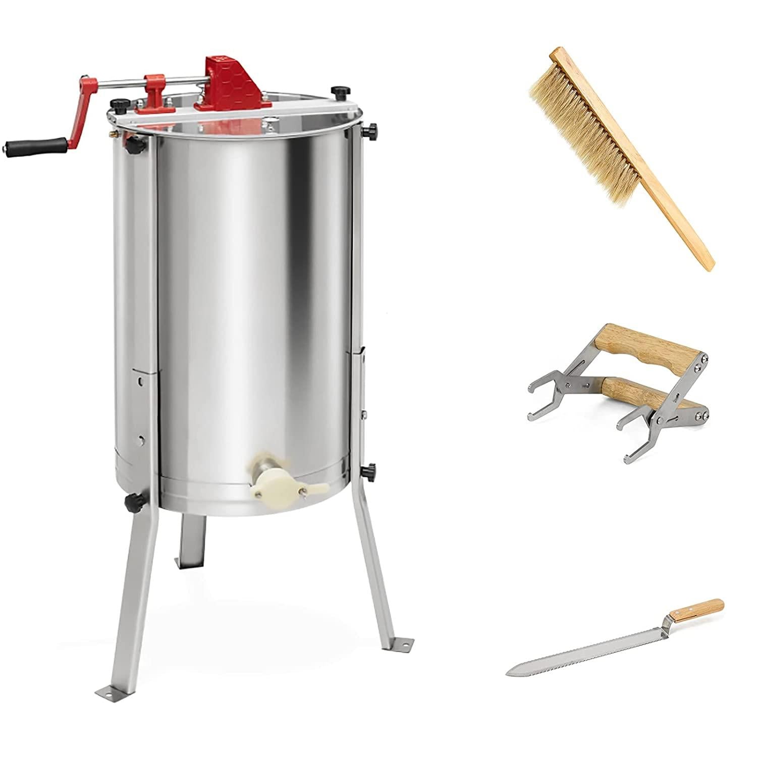 manual honey extractor 4 frame stainless steel honey equipment honeycomb spinner crank beekeeping equipment with frame holder, brush, uncapping knife&amp;fork