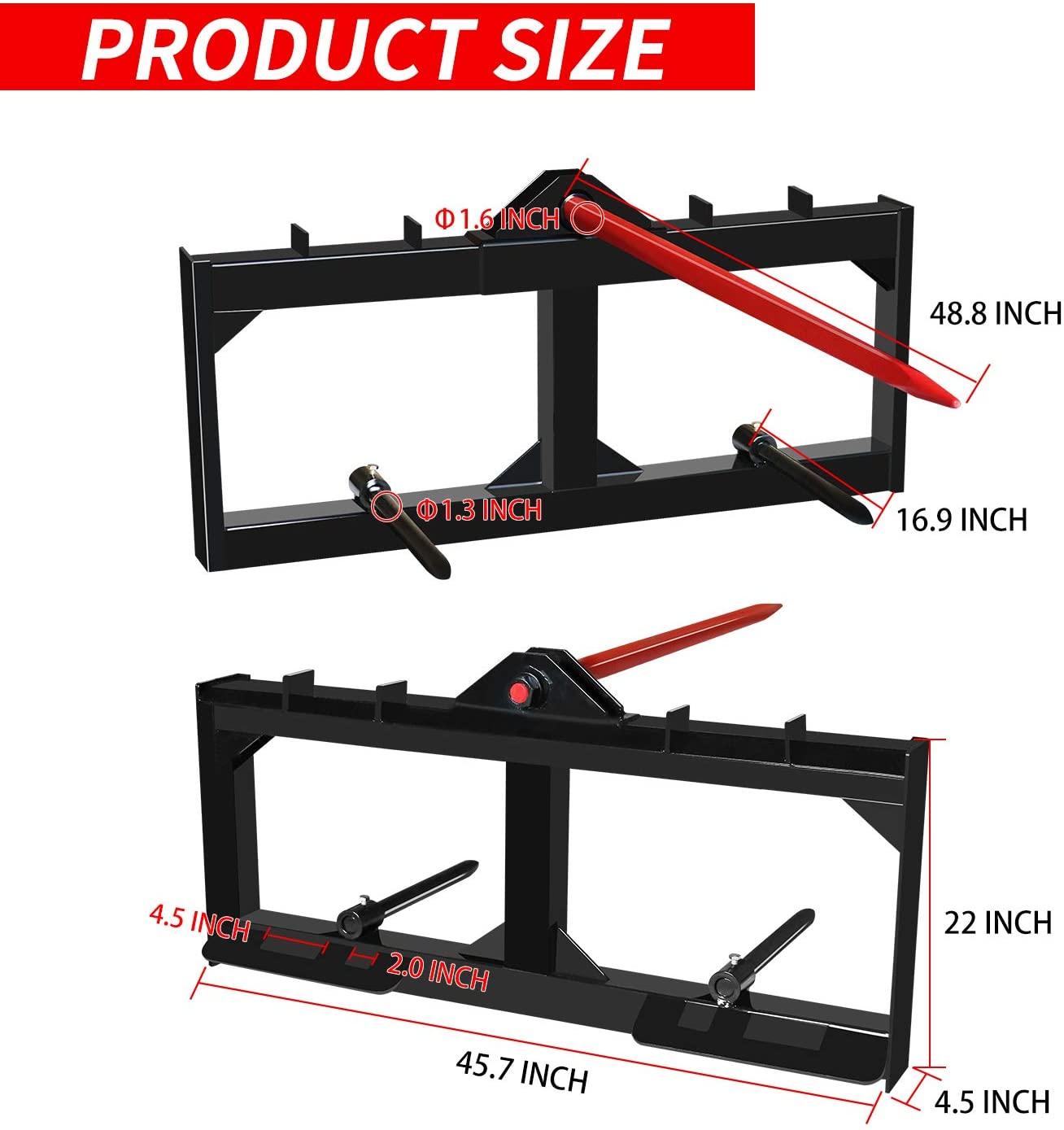 aiwargod 49 inch tractor hay spear attachment skid steer quick attach 3000lbs for bobcat tractors with 1pc red hay spear + 2pcs black stabilizer spears spike fork tine