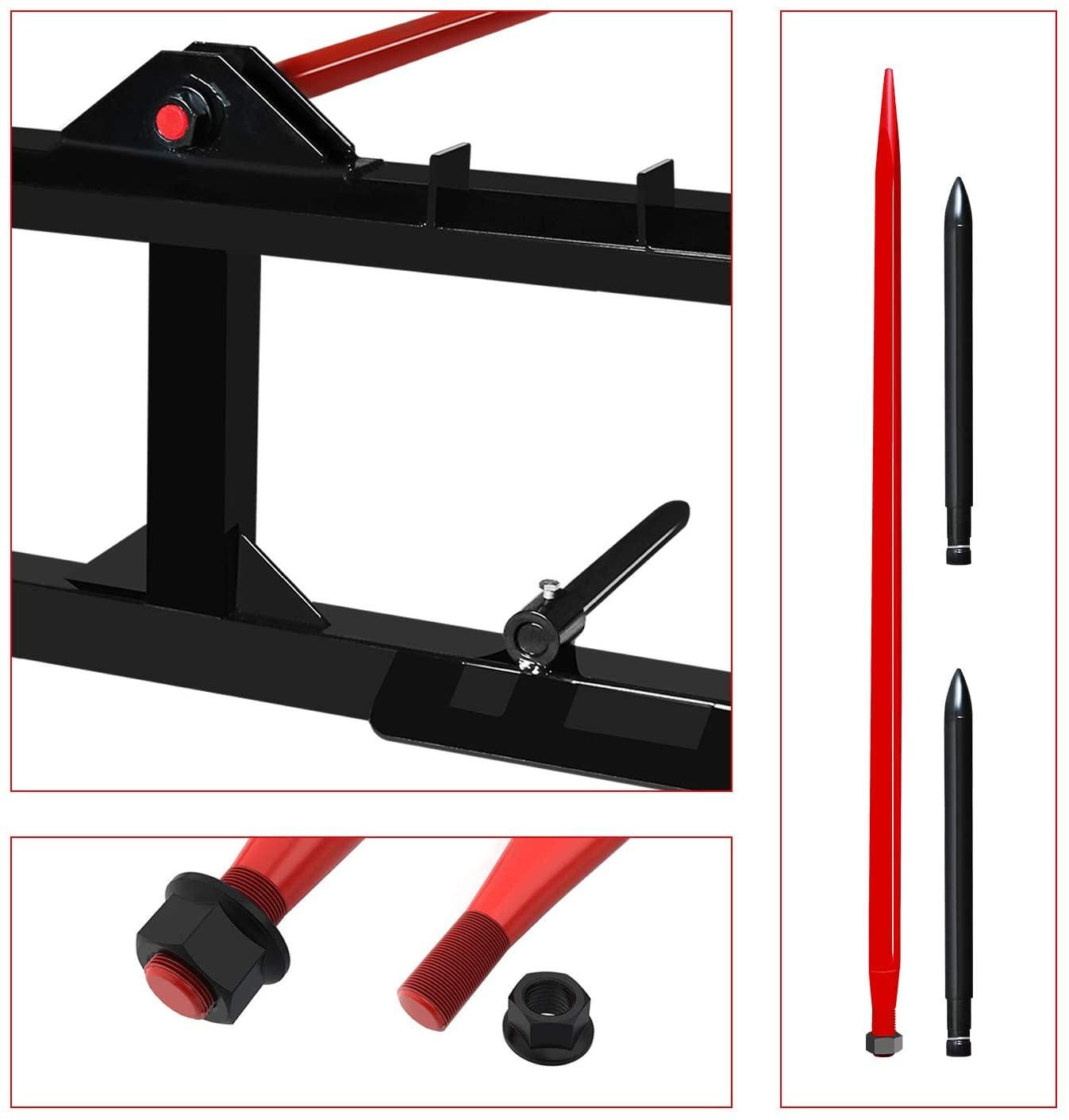 aiwargod 49 inch tractor hay spear attachment skid steer quick attach 3000lbs for bobcat tractors with 1pc red hay spear + 2pcs black stabilizer spears spike fork tine