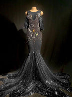 2023 Arrivals DHL High Quality Celebrity Gold Shining Mesh Beading Trumpet Long Dress Bodycon Party Dancer Costume