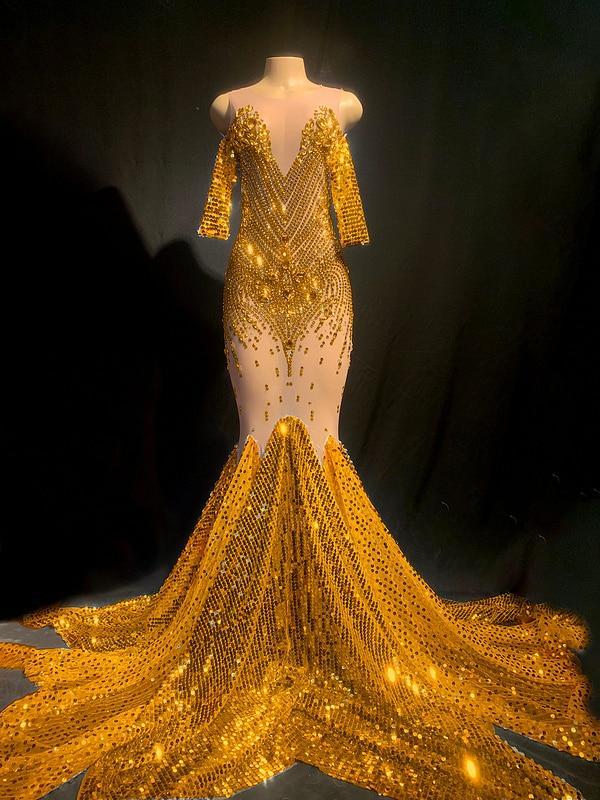 2023 Arrivals DHL High Quality Celebrity Gold Shining Mesh Beading Trumpet Long Dress Bodycon Party Dancer Costume