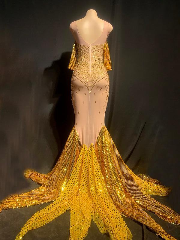 2023 Arrivals DHL High Quality Celebrity Gold Shining Mesh Beading Trumpet Long Dress Bodycon Party Dancer Costume