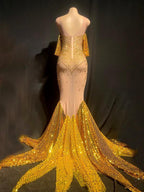 2023 Arrivals DHL High Quality Celebrity Gold Shining Mesh Beading Trumpet Long Dress Bodycon Party Dancer Costume