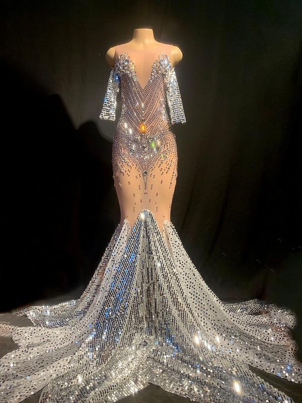 2023 Arrivals DHL High Quality Celebrity Gold Shining Mesh Beading Trumpet Long Dress Bodycon Party Dancer Costume