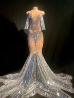2023 Arrivals DHL High Quality Celebrity Gold Shining Mesh Beading Trumpet Long Dress Bodycon Party Dancer Costume
