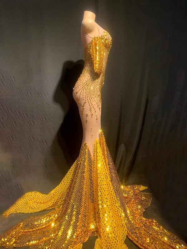 2023 Arrivals DHL High Quality Celebrity Gold Shining Mesh Beading Trumpet Long Dress Bodycon Party Dancer Costume