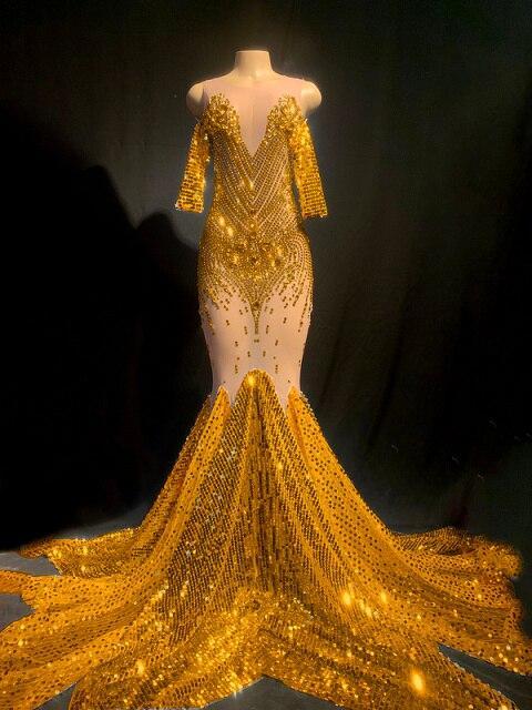 2023 Arrivals DHL High Quality Celebrity Gold Shining Mesh Beading Trumpet Long Dress Bodycon Party Dancer Costume