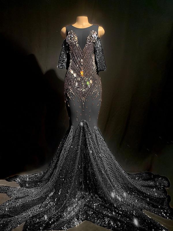 2023 Arrivals DHL High Quality Celebrity Gold Shining Mesh Beading Trumpet Long Dress Bodycon Party Dancer Costume