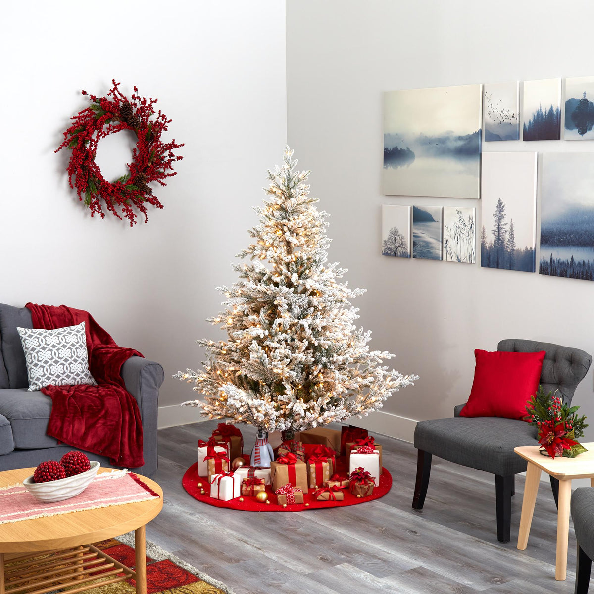 Nearly Natural 6' Green Fraser Fir Flocked Artificial Christmas Tree Prelit 500 Warm White Lights