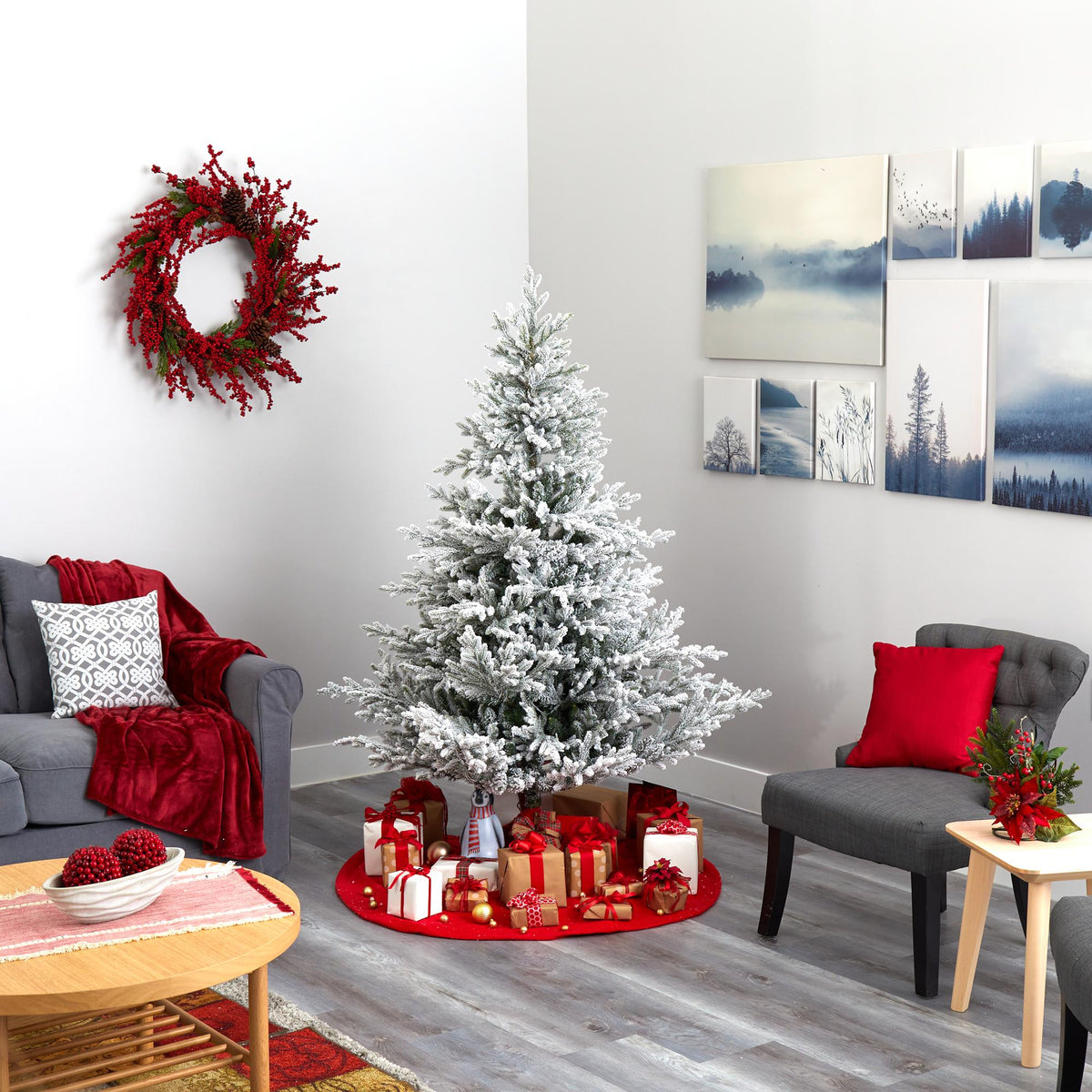 Nearly Natural 6' Green Fraser Fir Flocked Artificial Christmas Tree Prelit 500 Warm White Lights