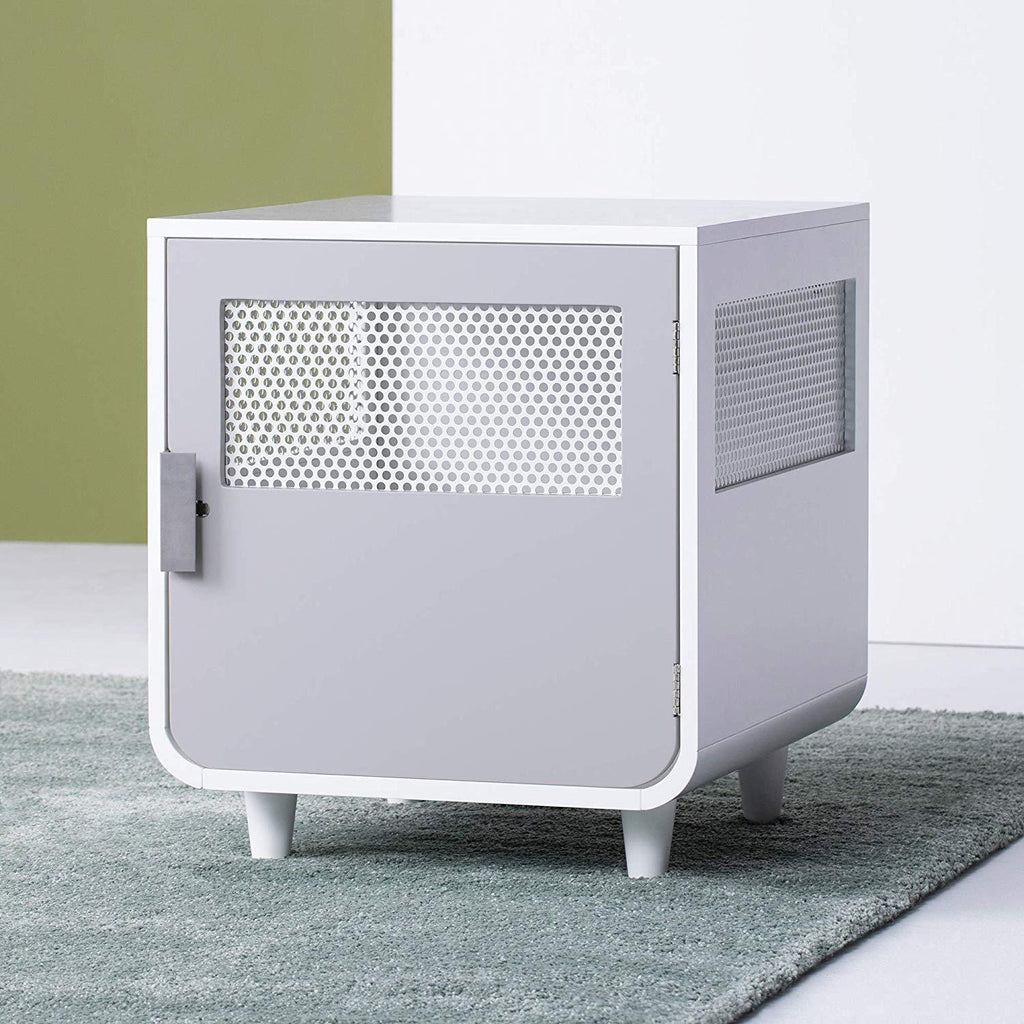 Staart Wooden Indoor Pet Crate/Kennel and End Table Console Dcor Furniture- Small 19' x 22' x 22'- Alpine White and Light Gray