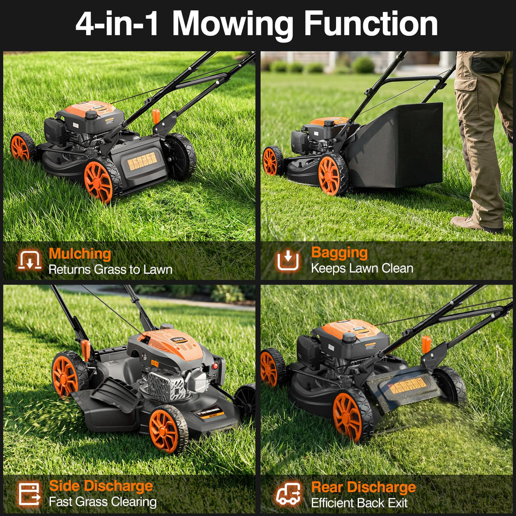 21” Self Propelled Lawn Mower Gas, 170CC 4-in-1 Mulch/Rear Bag/Side Discharge/Rear Discharge, Walk-Behind Gas Lawnmower with 7-Position Cutting Height, Foldable Gas Powered Lawn Mowers
