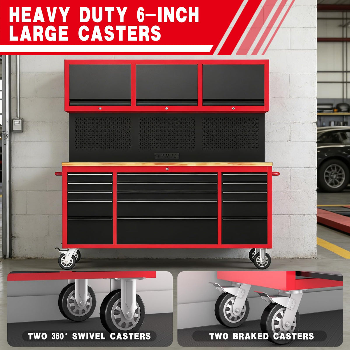 72" Rolling Tool Chest with 15 Drawers - Heavy Duty GaraWorkbench with Power Strip & Pegboard - 18" Deep 1.2" Thick Solid Top, Lockable Tool StoraCabinet for Professional Mechanic