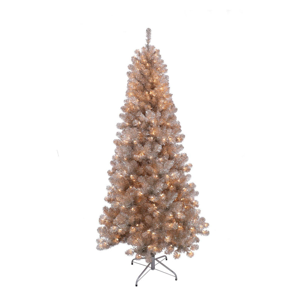 Puleo International Rose Gold Tinsel 6.5 ft. Pre-Lit Artificial Christmas Tree