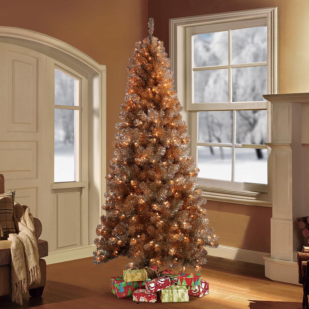 Puleo International Rose Gold Tinsel 6.5 ft. Pre-Lit Artificial Christmas Tree
