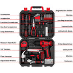 Drill Set: Tool Set with 8V Red Cordless Drill, Home Tool Kit with Drill, Hand Tool Kits for Women 126 Piece