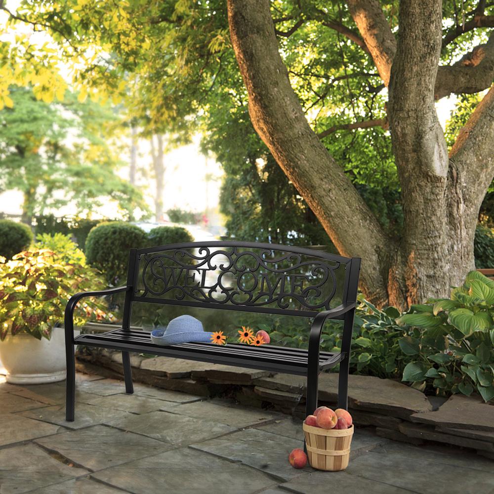 JIRTEMOT 50" Long Steel WELCOME Patio Garden Outdoor Park Bench Backyard Décor Black