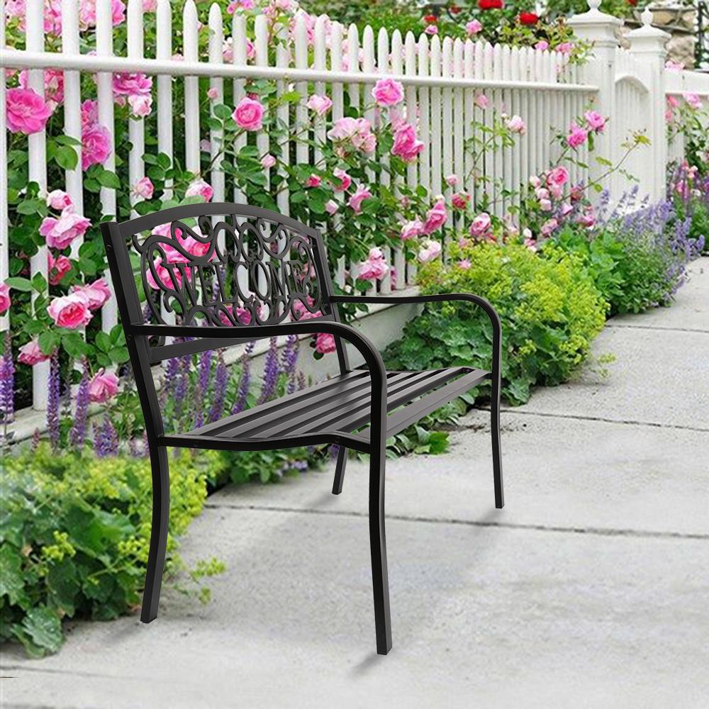JIRTEMOT 50" Long Steel WELCOME Patio Garden Outdoor Park Bench Backyard Décor Black