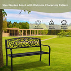 JIRTEMOT 50" Long Steel WELCOME Patio Garden Outdoor Park Bench Backyard Décor Black