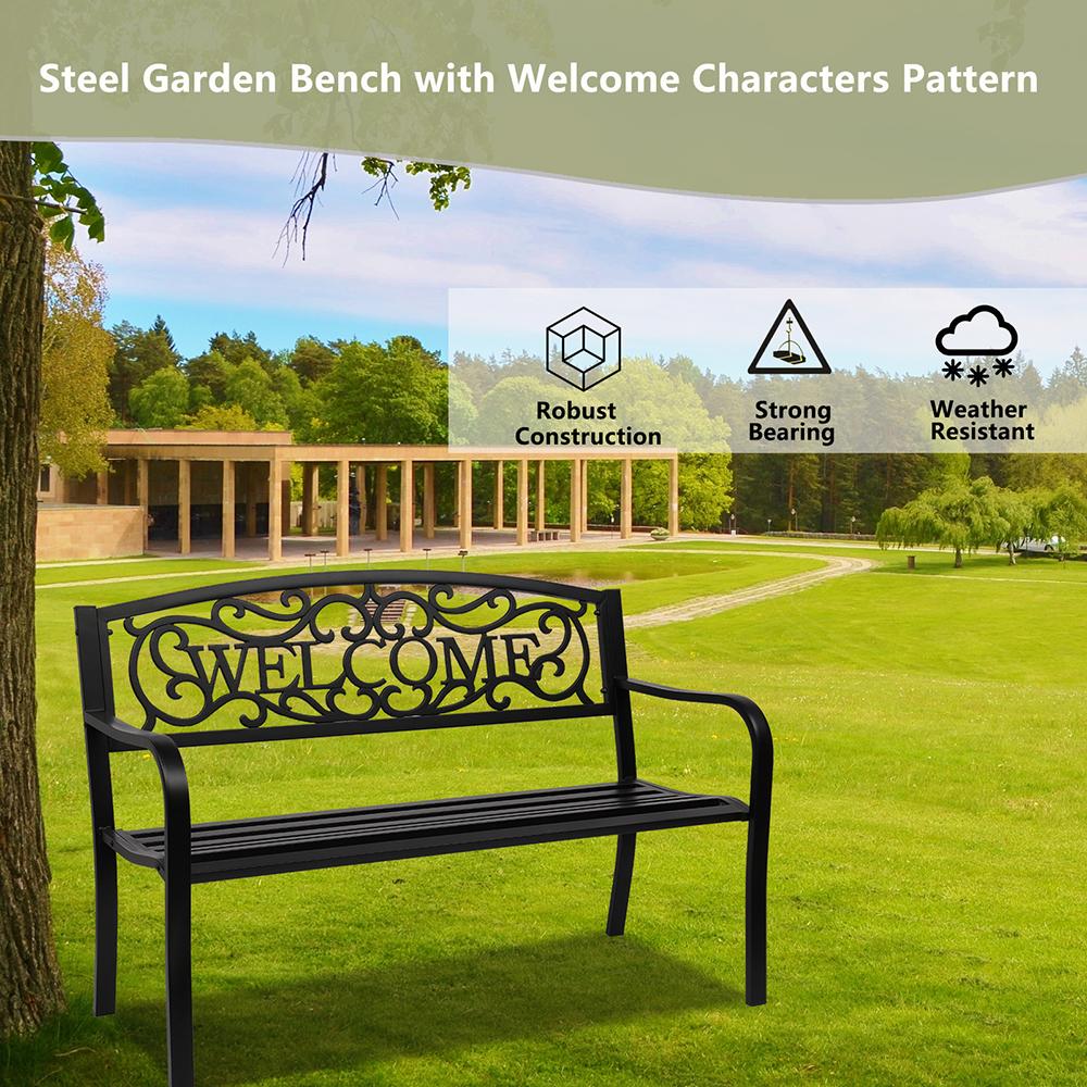 JIRTEMOT 50" Long Steel WELCOME Patio Garden Outdoor Park Bench Backyard Décor Black