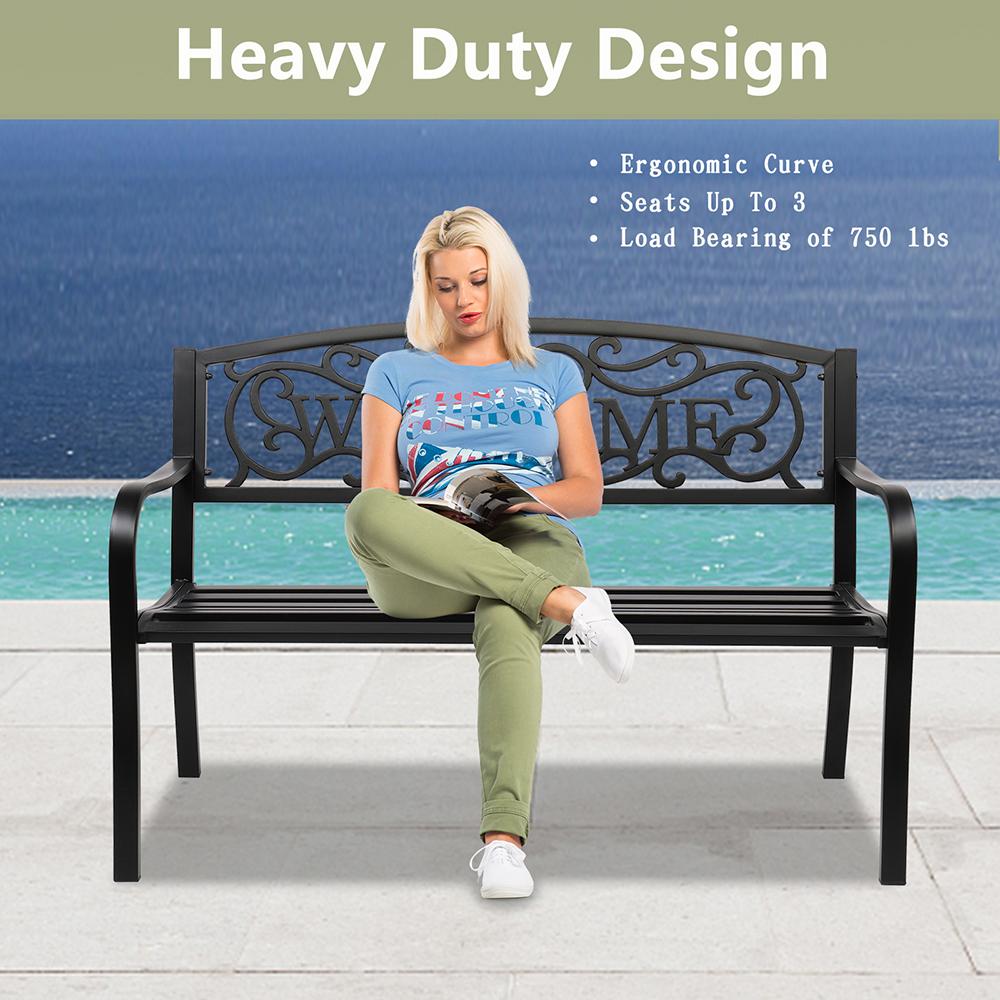 JIRTEMOT 50" Long Steel WELCOME Patio Garden Outdoor Park Bench Backyard Décor Black