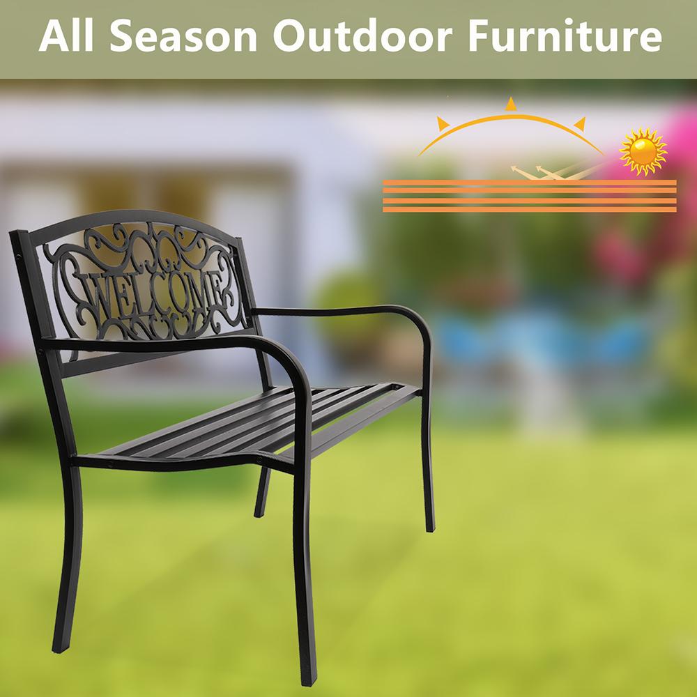 JIRTEMOT 50" Long Steel WELCOME Patio Garden Outdoor Park Bench Backyard Décor Black