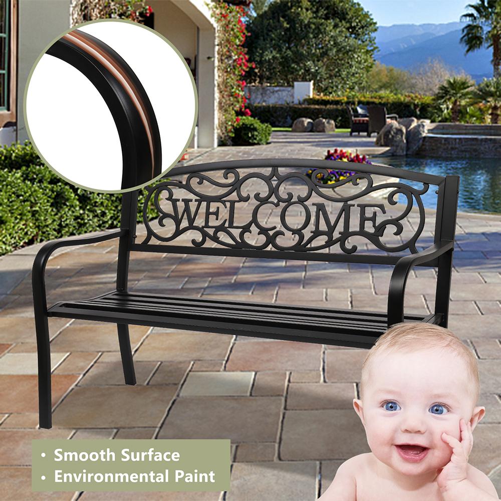JIRTEMOT 50" Long Steel WELCOME Patio Garden Outdoor Park Bench Backyard Décor Black