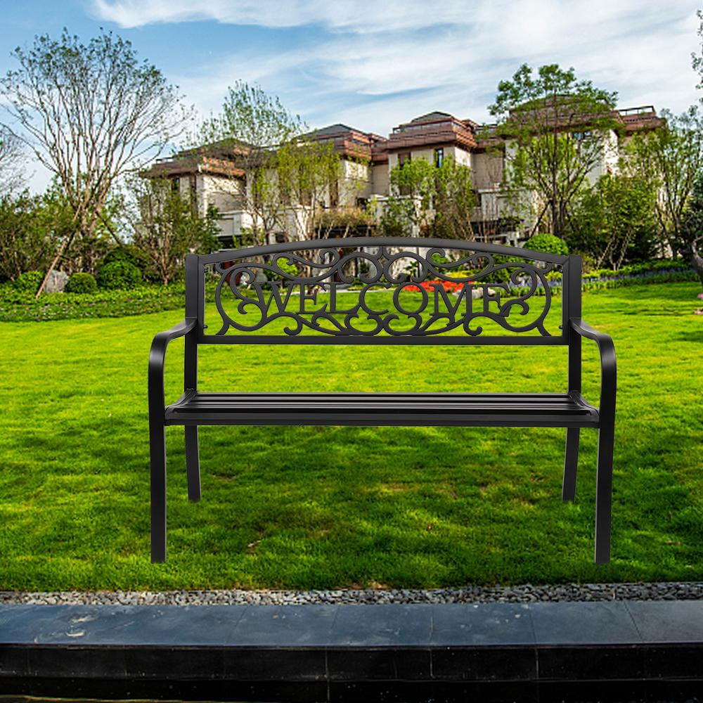 JIRTEMOT 50" Long Steel WELCOME Patio Garden Outdoor Park Bench Backyard Décor Black
