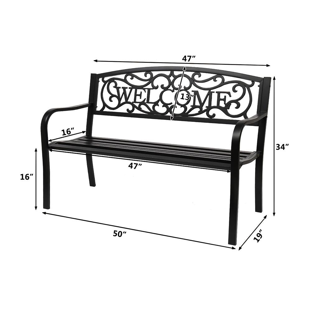 JIRTEMOT 50" Long Steel WELCOME Patio Garden Outdoor Park Bench Backyard Décor Black