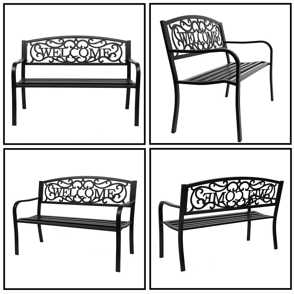 JIRTEMOT 50" Long Steel WELCOME Patio Garden Outdoor Park Bench Backyard Décor Black