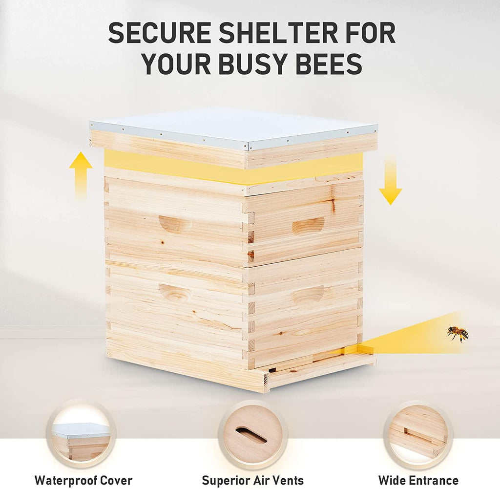 creworks bee hive, beehive bee box with 10 medium &amp;10 deep honeycomb foundation frames, bee keeping supplies starter kit for beginners, 2 layer langstroth beehive honey bee house bee hives