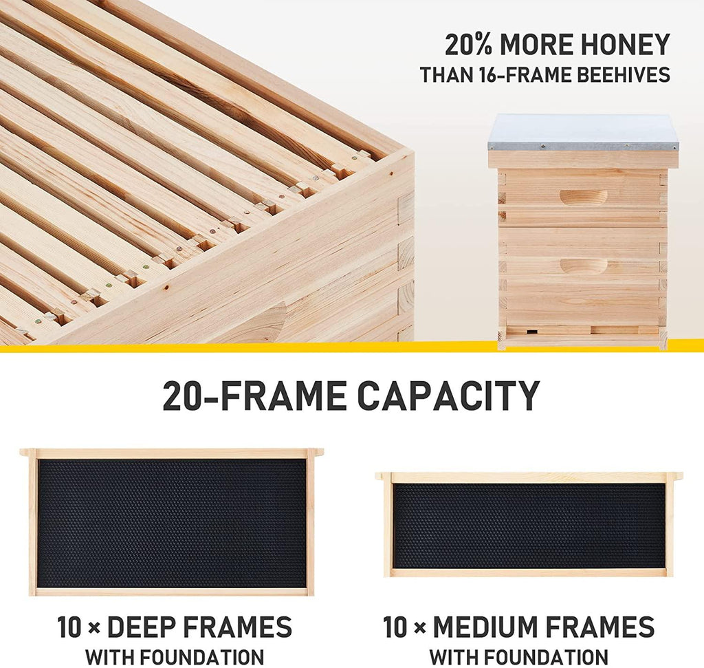 creworks bee hive, beehive bee box with 10 medium &amp;10 deep honeycomb foundation frames, bee keeping supplies starter kit for beginners, 2 layer langstroth beehive honey bee house bee hives
