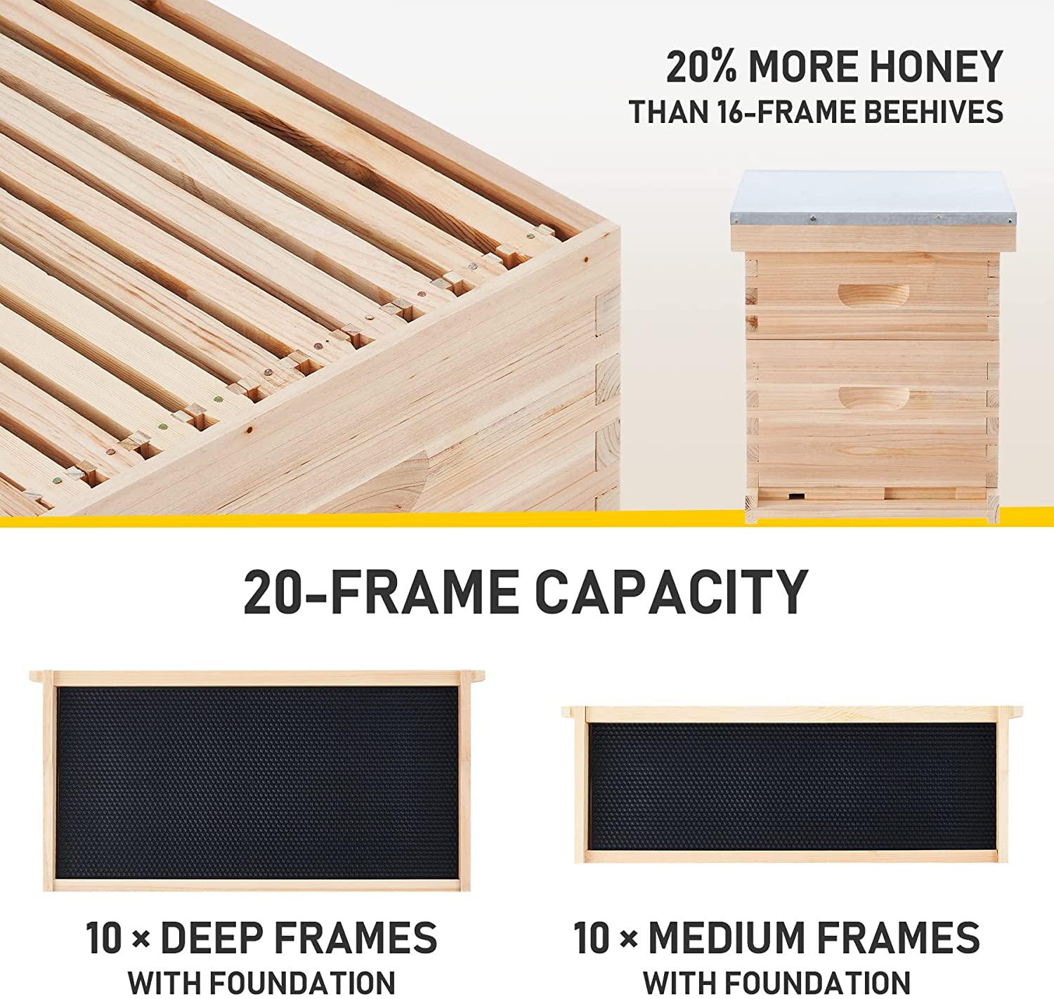 creworks bee hive, beehive bee box with 10 medium &amp;10 deep honeycomb foundation frames, bee keeping supplies starter kit for beginners, 2 layer langstroth beehive honey bee house bee hives