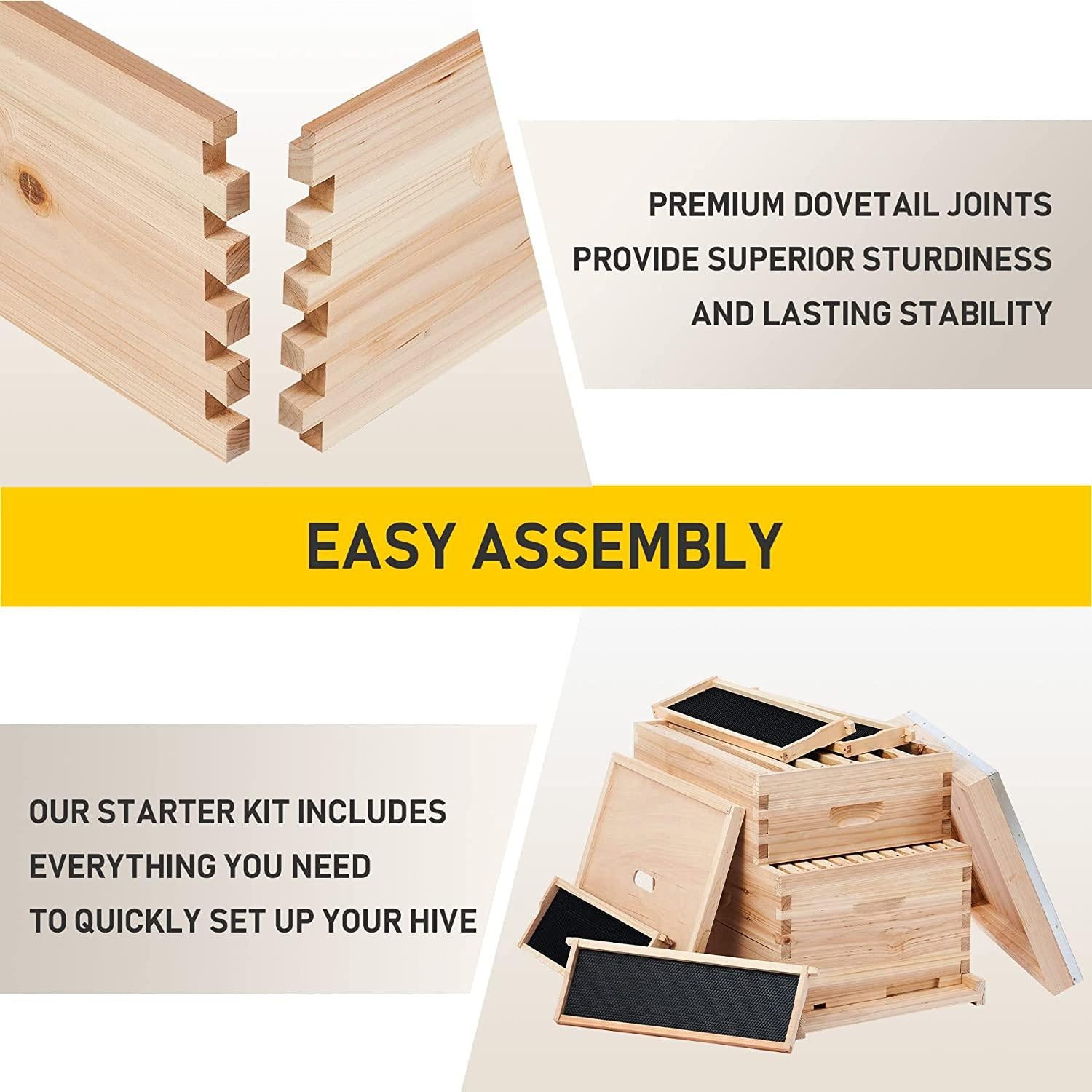 creworks bee hive, beehive bee box with 10 medium &amp;10 deep honeycomb foundation frames, bee keeping supplies starter kit for beginners, 2 layer langstroth beehive honey bee house bee hives