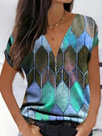 Casual Geometric Print V-Neck Short-Sleeved T-Shirt