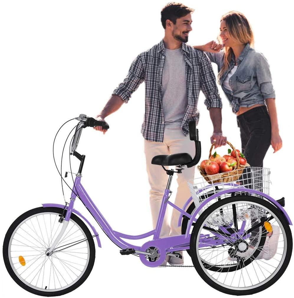 HUUH Adult Tricycles for Shopping 24 Inches 7 Speed 3 Wheel Fender Adult Trike Bike Cycling Pedal with Shopping Basket, Adjustable Seat and Handlebar Gifts