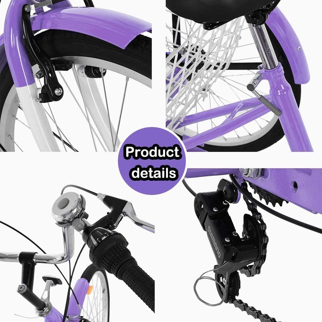 HUUH Adult Tricycles for Shopping 24 Inches 7 Speed 3 Wheel Fender Adult Trike Bike Cycling Pedal with Shopping Basket, Adjustable Seat and Handlebar Gifts