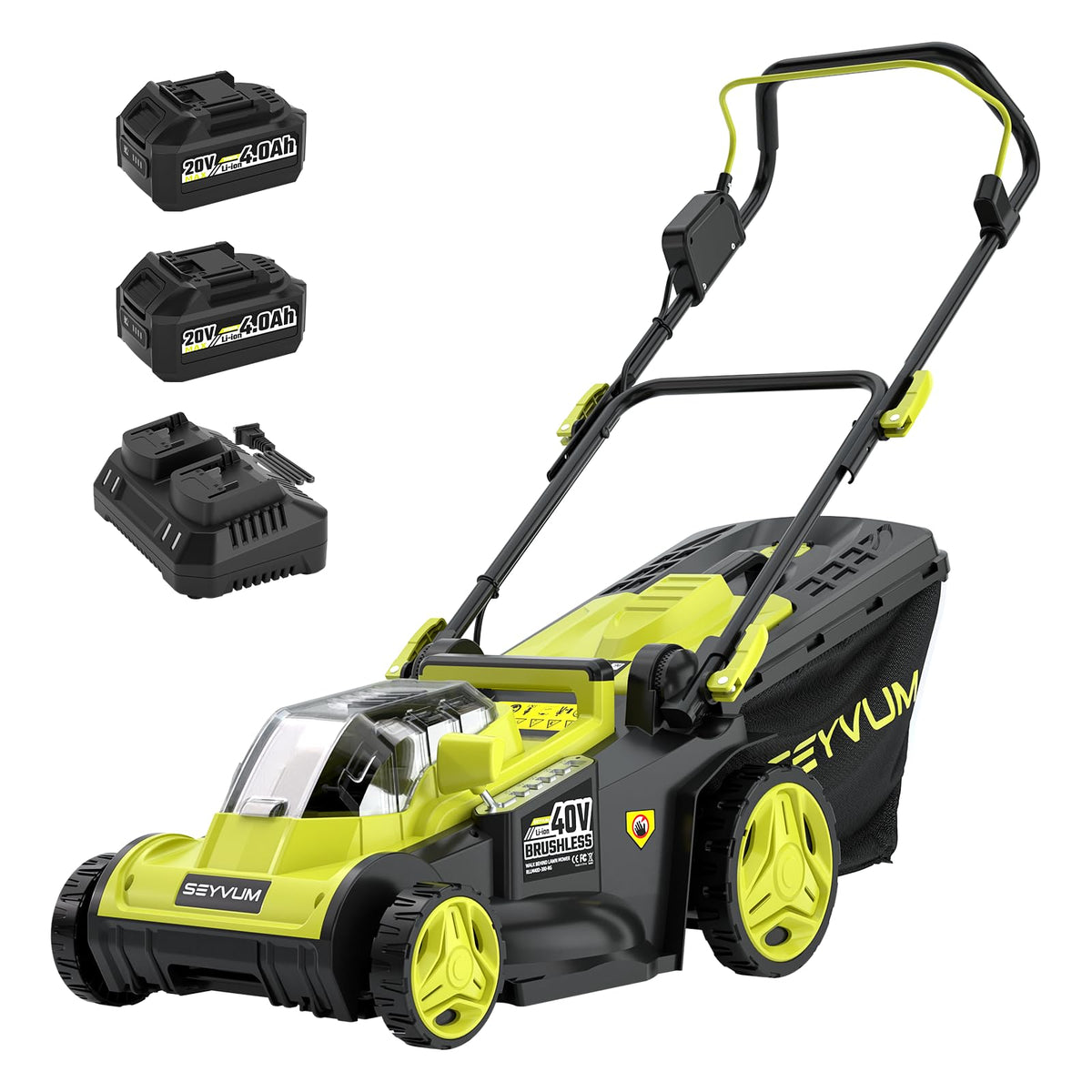40V 16-inch Cordless Lawn Mower with 45L Grass Collection Bag, 6 Position Height Adjustment Electric Lawn Mower, 2 x 20V 4.0Ah Battery Powered Push Lawnmower, 2.4A Fast Charger, Lemon Green