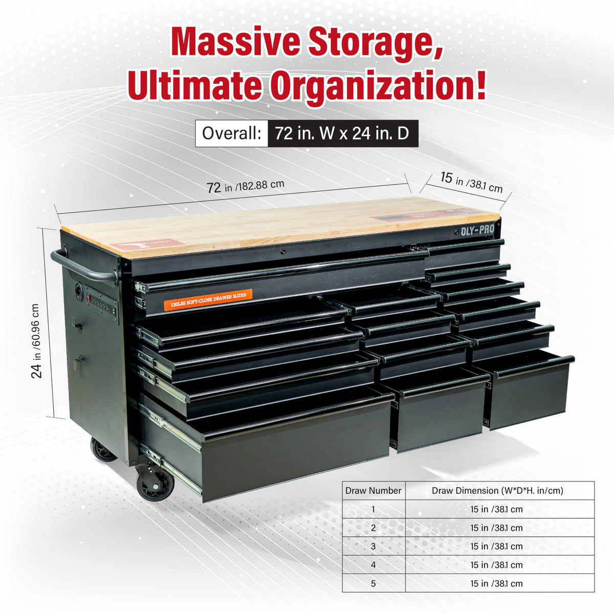 72 inch Heavy Duty Mobile Tool Chest Tool Box, with Solid Top Workbench, 15-Drawer Rolling Tool Chest, Tool StoraOrganizer for Garage, Workshop, and Home, Black