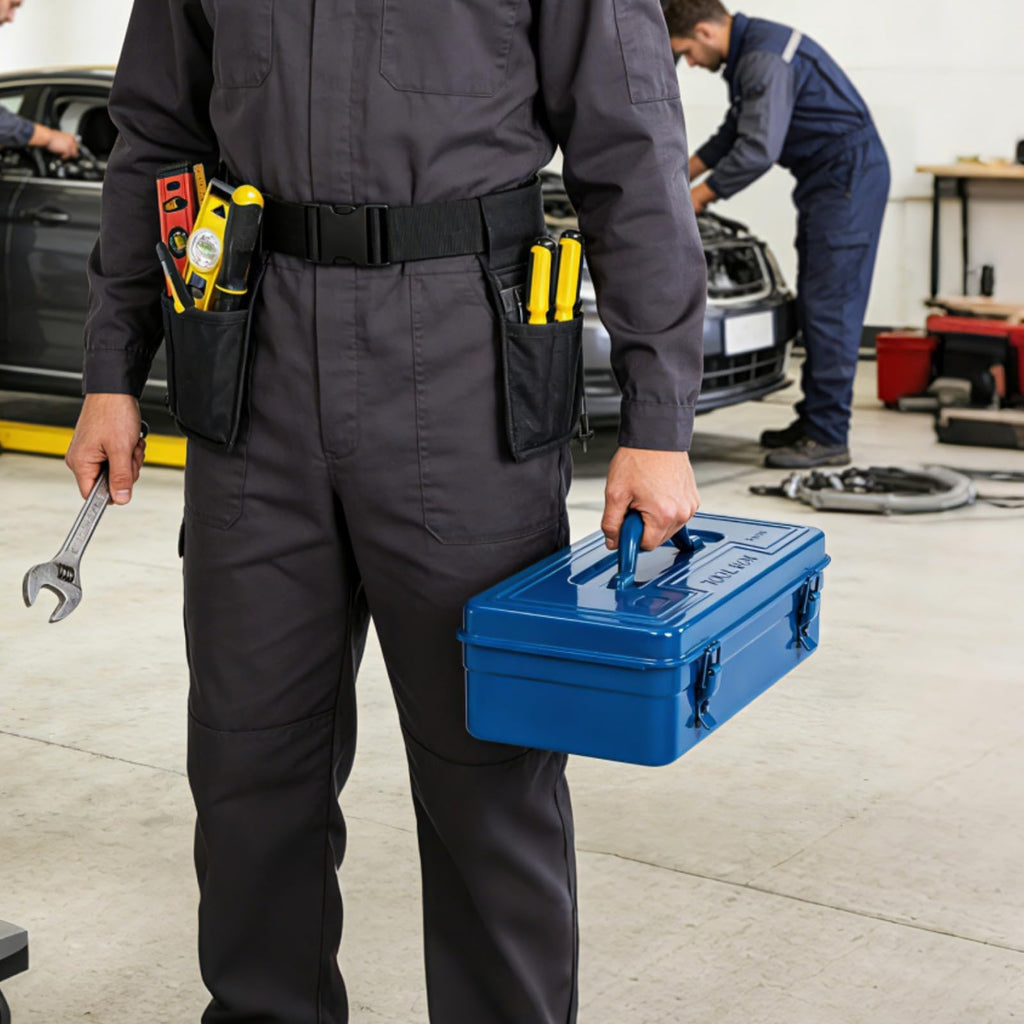 Portable Steel Tool Box, 16 Inch Metal Tool Organizer Box with Double Latch Closure and Handle, Heavy Duty StoraToolbox Chest for Workshop, Garage, Warehouse, Household, Blue