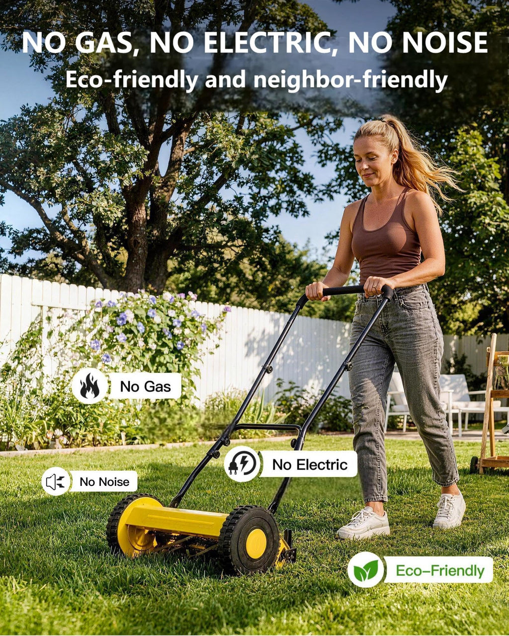 14" Hand Push Lawn Mower, 5-Blade Push Reel Lawn Mower with Adjustable Cutting Height, Quiet Eco-Friendly Manual Lawnmower for Home Garden