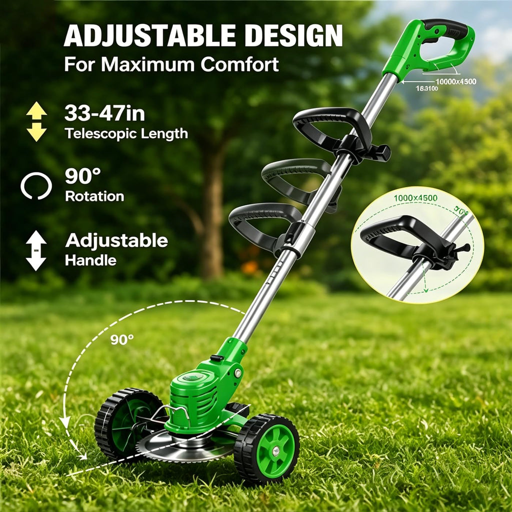 Cordless Weed Wacker with 2 Batteries, Lightweight 21V Weed Trimmer with Wheels, Electric Grass Trimmer, Adjustable Shaft Lawn Tool for Small Yard Tight Spaces